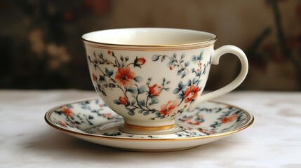 Elegant teacup and saucer with floral design.