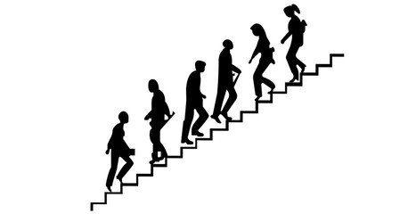 Men and women ascending and descending staircase in black costume