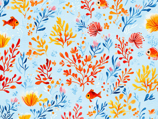 Fototapeta premium Colorful underwater scene with vibrant fish and sea plants on a light blue background