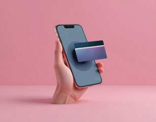 Hand Holding Smartphone Displaying Payment Card for Online Shopping Concept