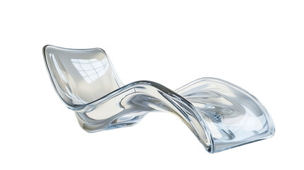 The image showcases a transparent, sculptural chair with a flowing design against a stark black background, highlighting its elegant and modern aesthetic.