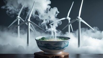 A steaming bowl of soup with green herbs in front of white wind turbines amidst a misty background