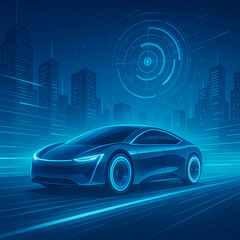 "A futuristic electric car in a high-tech cityscape"