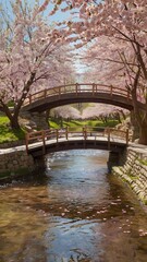 Obraz premium Cherry Blossom Park with Wooden Bridge and Stream