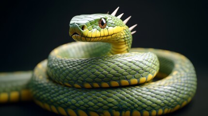 Obraz premium Coiled Green Snake with Spines 3D Render, Detailed Scales, Fantasy Concept, Reptile Art, Digital Painting, Snake Illustration Reptile, 3D art