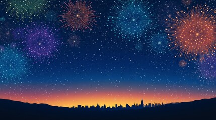 Cityscape Fireworks Display Night Sky, Colorful Explosions, Silhouette Composition, Celebration fireworks, cityscape