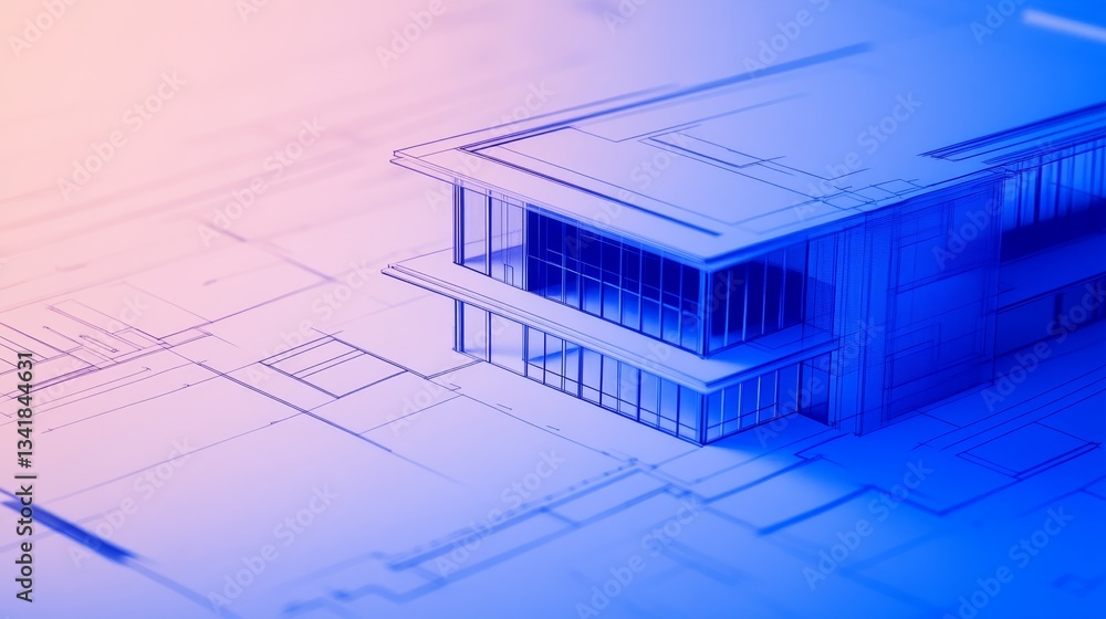 Poster modern architectural blueprint showcasing a sleek building design with vibrant color