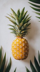 Juicy pineapple on white background with green leaves, perfect for cooking blogs, healthy food ads or product packaging design.