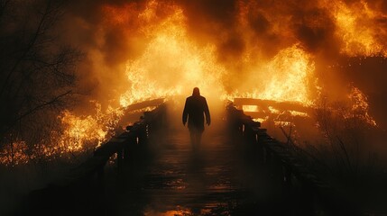 Fototapeta premium A shadowy figure walking away from a burning bridge, symbolizing the letting go of past emotional baggage 