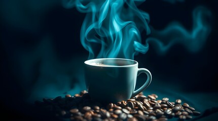 Hot Coffee with Coffee beans in bluish tint