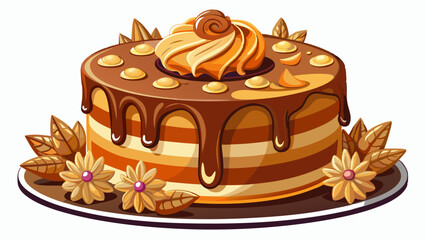 Delicious Caramel cake agains  White bakground, photo studio featuring a tall cake with melted caramel and decoration on top, perfect for gourmet 