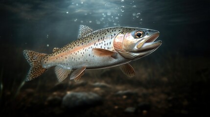 Naklejka premium Rainbow trout swimming gracefully in a serene underwater environment with bubbles rising around it during a calm afternoon