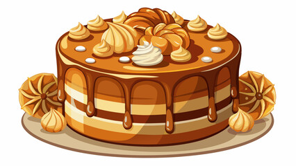 Delicious Caramel cake agains  White bakground, photo studio featuring a tall cake with melted caramel and decoration on top, perfect for gourmet 