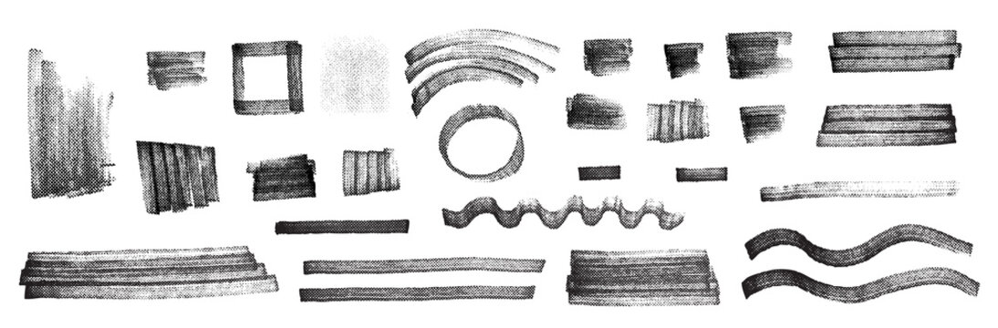 Hand painted halftone vector marker brush effect strokes, Grainy texture scribble collage elements for graphic design