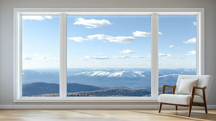 Stunning mountain view through a large window showcasing serene landscape and cloudy blue sky in a cozy room