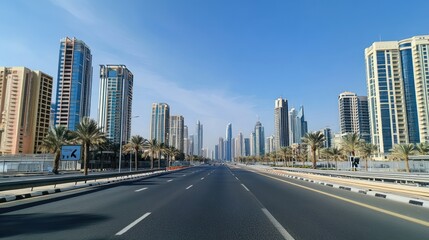 Empty city highway with skyscrapers under a clear blue sky.
