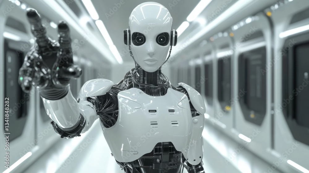 Poster advanced humanoid robot in futuristic environment