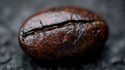 Close-Up View of a Single Cracked Coffee Bean on Dark Surface