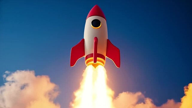 3D rocket emoji launching with bright flames and smoke
