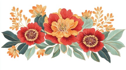 Vibrant floral arrangement featuring rich red and sunny yellow blooms, accented with delicate greenery.  Delicate botanical illustration