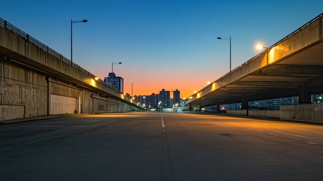 Empty city road underpass at twilight, with cityscape in background.