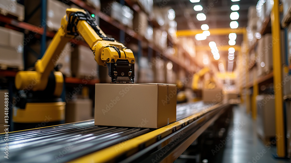 Aufkleber automated conveyor belt with robotic arms sorting packages in warehouse, showcasing efficiency and m