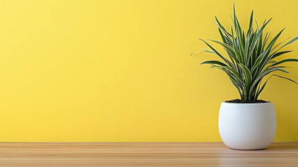 Indoor plant sits elegantly in a white pot against a vibrant yellow wall, enhancing the atmosphere of the modern space with its greenery and design