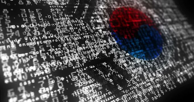 South Korea USA flag waving secure code. South Korean blowing banner cyber security attack and hack concept animation.