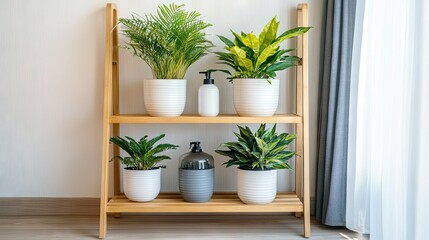 Display of lush indoor plants arranged on a wooden shelf near a window with sheer curtains