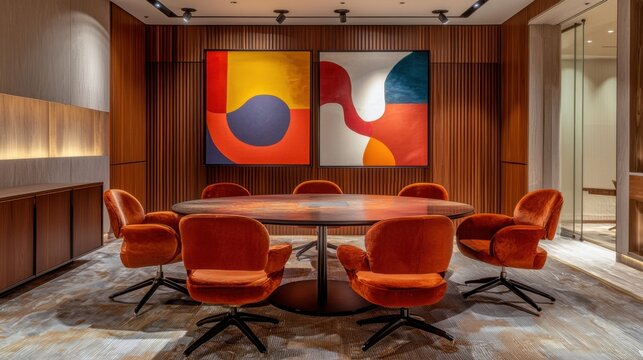 Modern conference room with vibrant abstract art and comfortable seating.