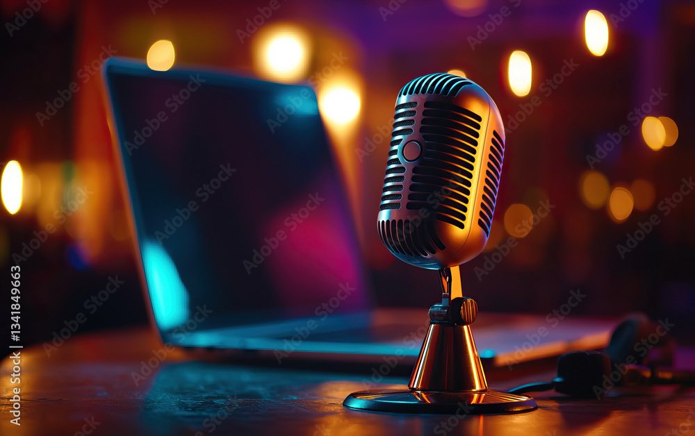 Poster compact podcasting setup with usb microphone and laptop, creating vibrant atmosphere for recording