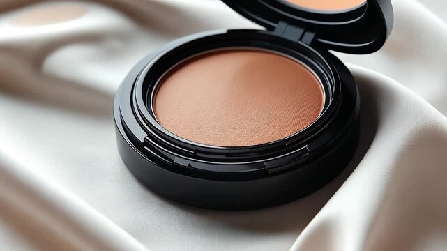 Close-up of a compact bronzer on silky fabric, showcasing beauty essentials