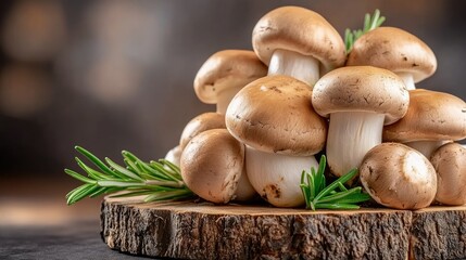 Fresh mushrooms arranged artfully on a wooden cutting board with green herbs in a rustic kitchen setting