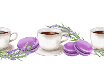 Seamless border. Cup of coffee and french macaroon cakes with lavender taste and flowers