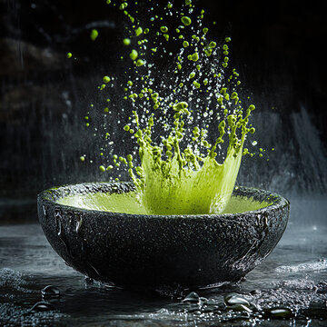 The moment matcha powder hits the black stone bowl, water droplets are suspended in the splash