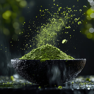 The moment matcha powder hits the black stone bowl, water droplets are suspended in the splash