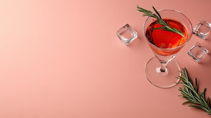 Refreshing cocktail with rosemary garnish on pink background, showcasing vibrant colors and elegant presentation at a modern gathering