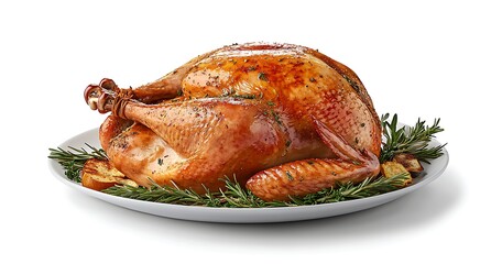 Roasted Turkey on a Platter: A golden-brown roasted turkey, garnished with aromatic herbs and presented on a white platter, radiates warmth, and the essence of a festive feast. 