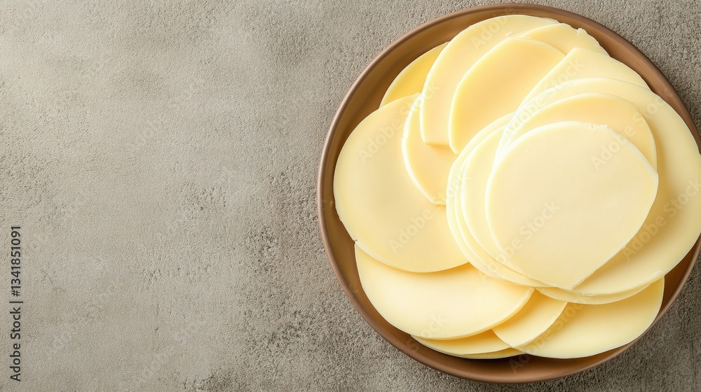 Poster slices of cheese arranged neatly on a rustic plate with a textured background for a culinary present