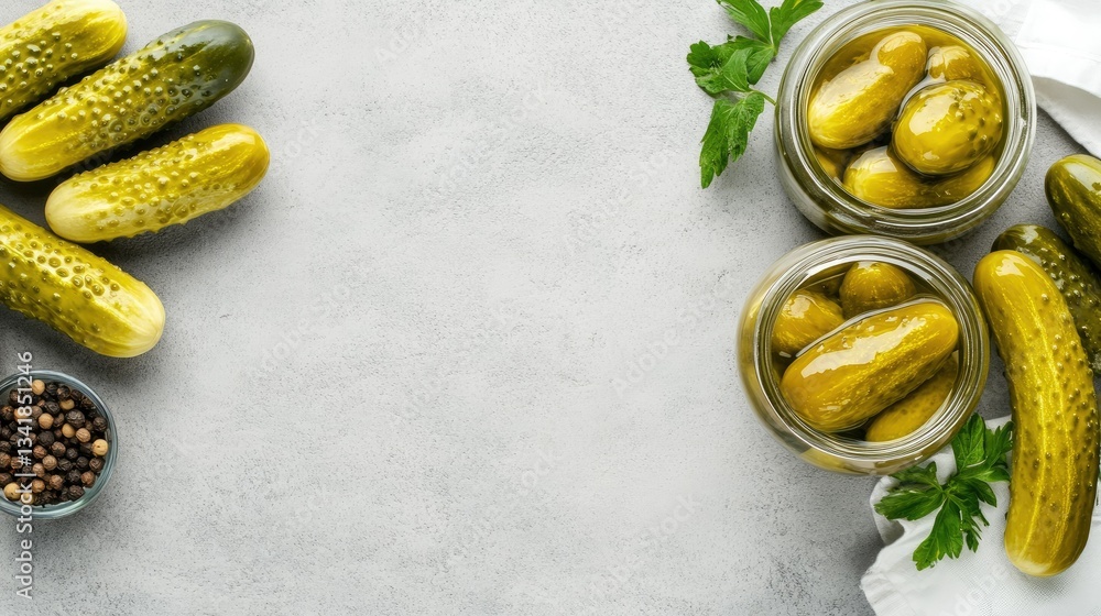 Poster fresh cucumbers and jars of pickles on a light gray table with scattered spices and herbs during a b