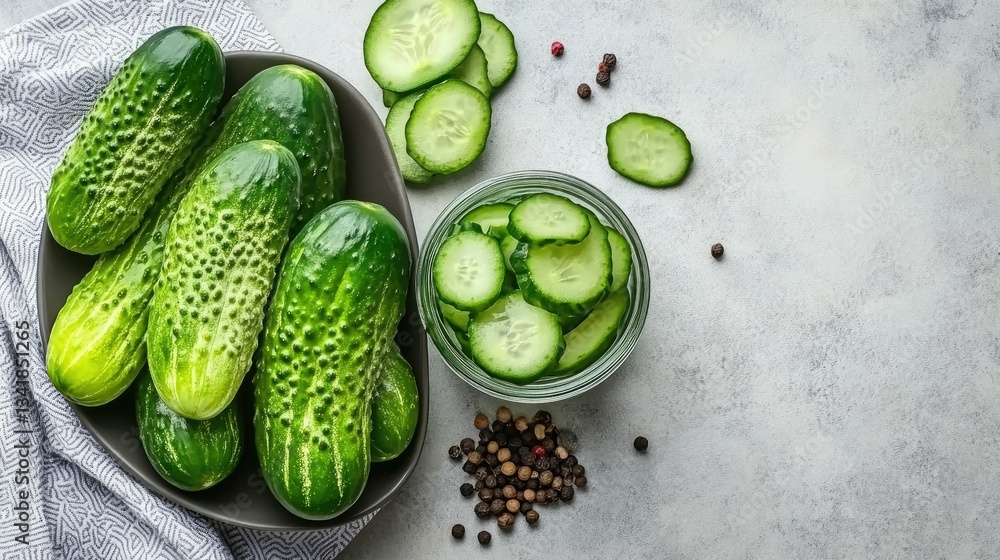 Poster fresh cucumbers arranged in a bowl with sliced cucumbers and colorful peppercorns on a textured back