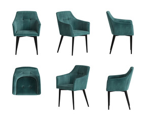 Set of six views of a modern armchair with a velvet gray-green cover, armrests, and four black legs isolated on a transparent background. Front view, top view, two sides, two perspectives. 3d render