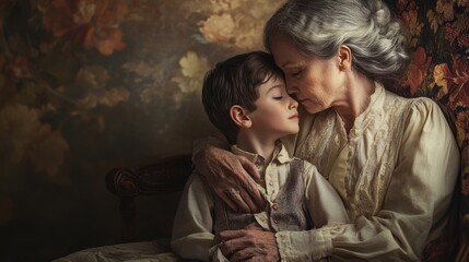 Tender Embrace Between Grandmother and Grandson Sharing An Intimate Moment in Vintage Setting