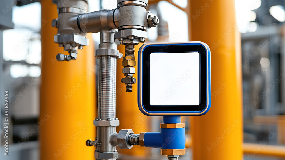 Poster industrial monitoring device for temperature and pressure in factory setting, showcasing advanced te