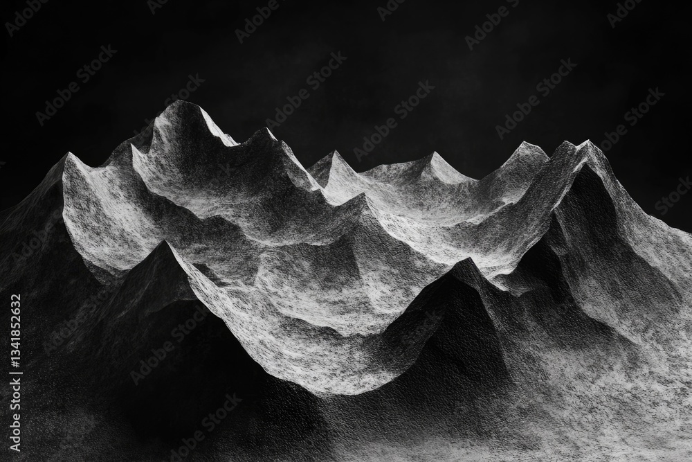 Poster abstract grayscale image depicting a range of textured mountains against a dark background.