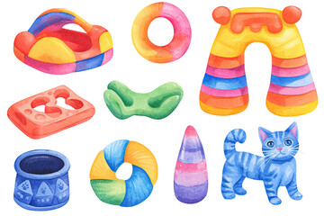 A collection of colorful toys and objects designed for play, including a cat figure and various shapes and textures.