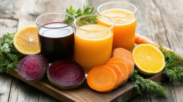 Freshly pressed juice varieties with vibrant fruits and vegetables on a wooden board in natural light