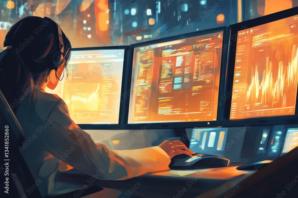 Aufkleber a woman with headphones works late at night, analyzing data on multiple monitors displaying complex 
