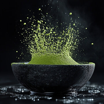 The moment matcha powder hits the black stone bowl, water droplets are suspended in the splash