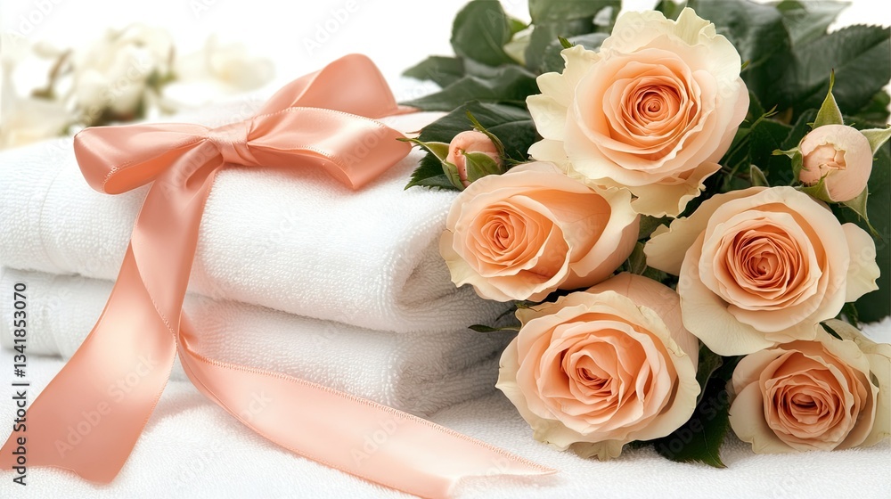 Poster luxurious spa setting with white towels and fresh peach roses creating a calming atmosphere for rela